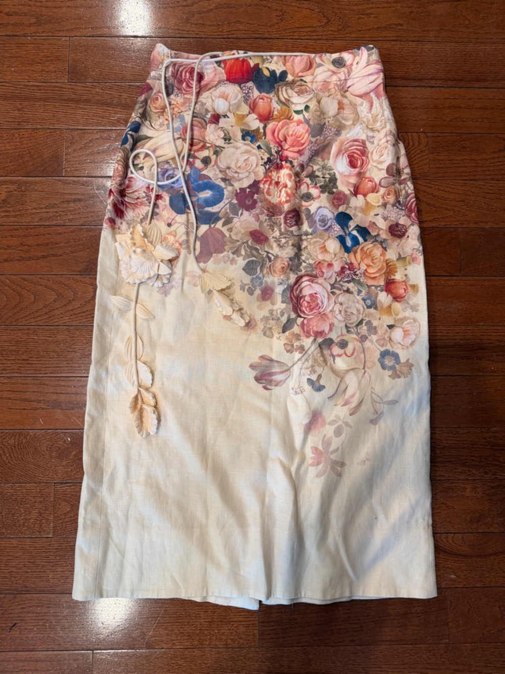Zimmermann Floral Pencil Skirt in Cream with Pink and Blue Accents